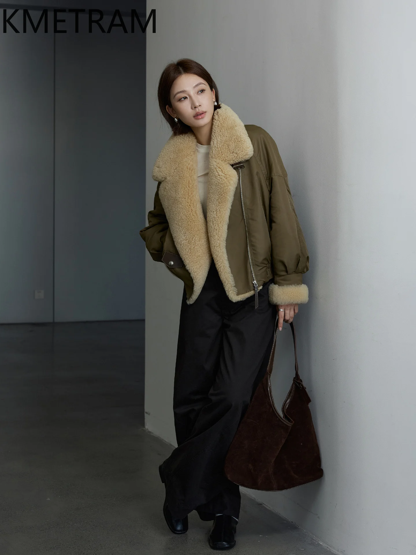 KMETRAM Piumino di pelliccia d'oca bianca Donna Colletto di lana Cappotti invernali Abbigliamento donna Piumini corti verde militare 2025 шуба