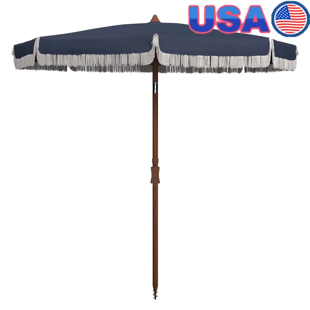 

6.5ft Fringe Beach Patio Umbrella Adjustable Tilt Solid Polyester Canopy Metal Frame Outdoor Shade Garden Pool Relaxation
