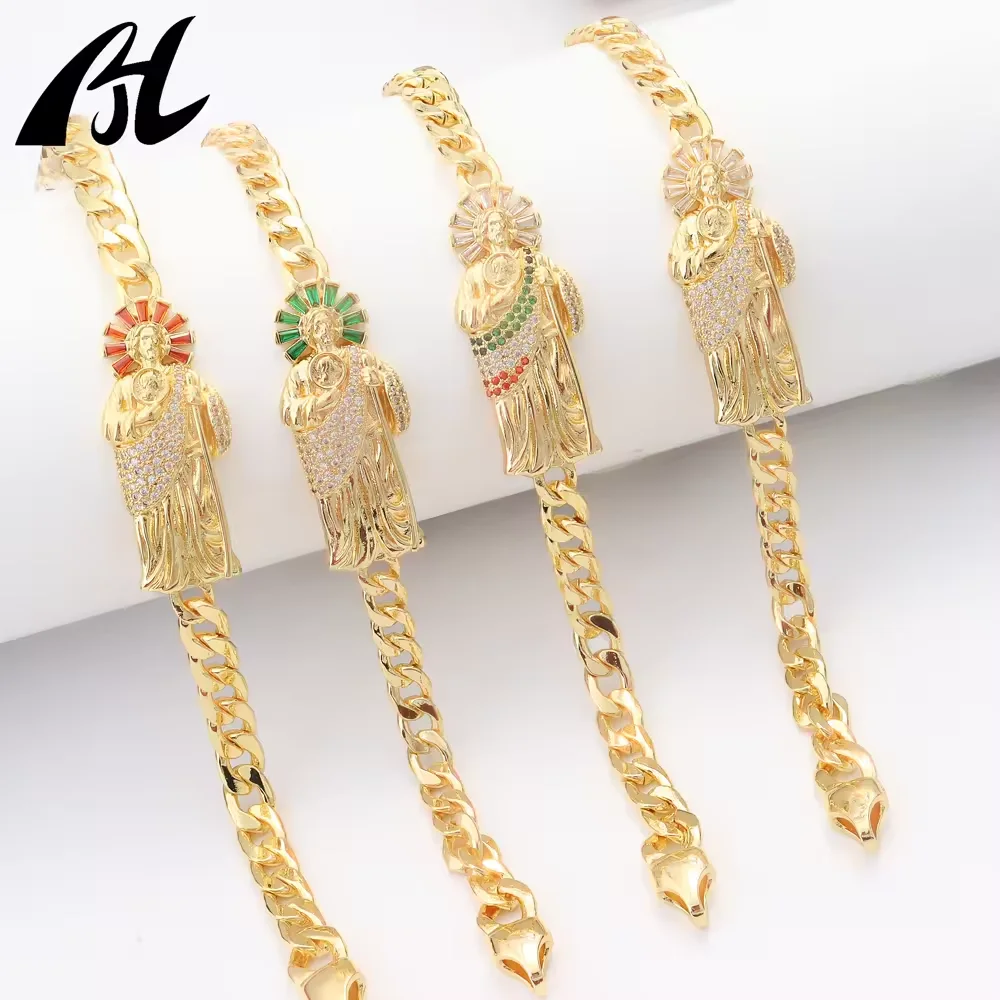 

Hip Hop Fashion Accessories Personality Saint Jude Three Tone 14k Gold Plated Religious Charm Bracelet Jewelry