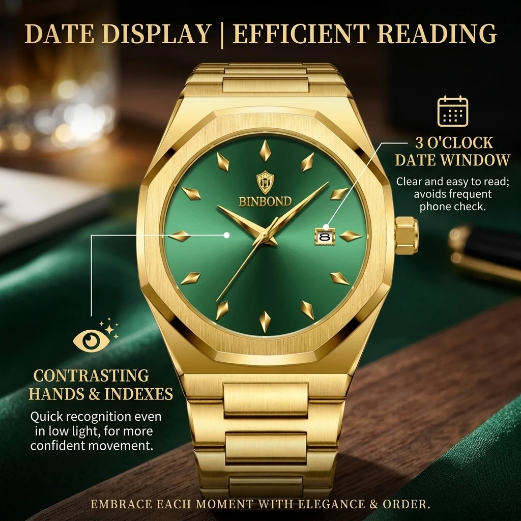 1pc Fashionable and Simple Metal Watchband Watch with Green Dial, Octagonal Case, Calendar Design, Suitable for Daily