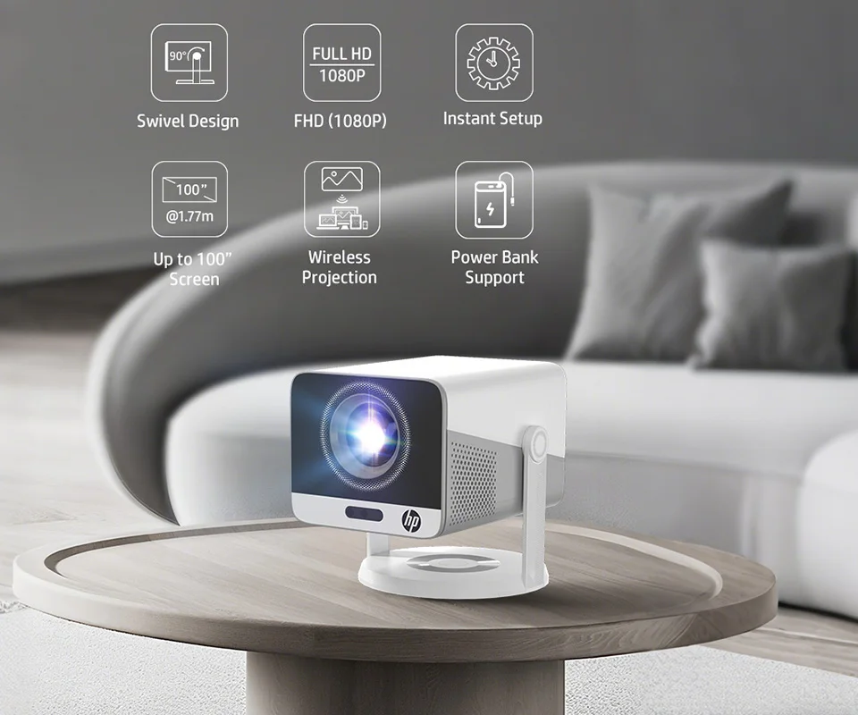 

Проектор HP MC425 1080P FHD на Android 14 с двойным Wi-Fi 6 и Bluetooth 5.4, процессор Allwinner H726, поддержка домашнего кинотеатра, функция Power Bank