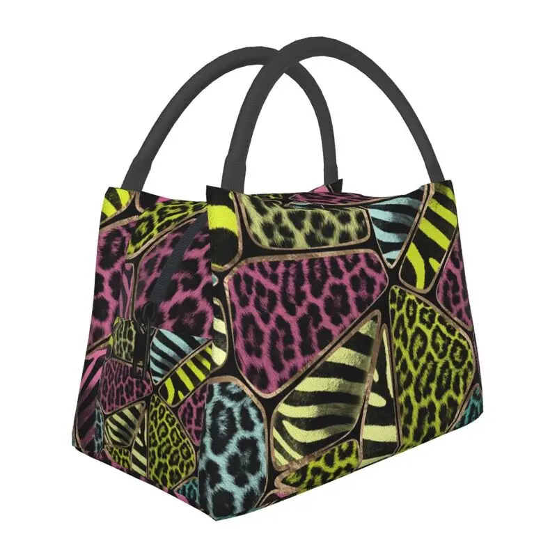 

Leopard And Zebra Texture Insulated Lunch Bags for Women Portable Colorful Animal Print Cooler Thermal Lunch Tote Office Travel