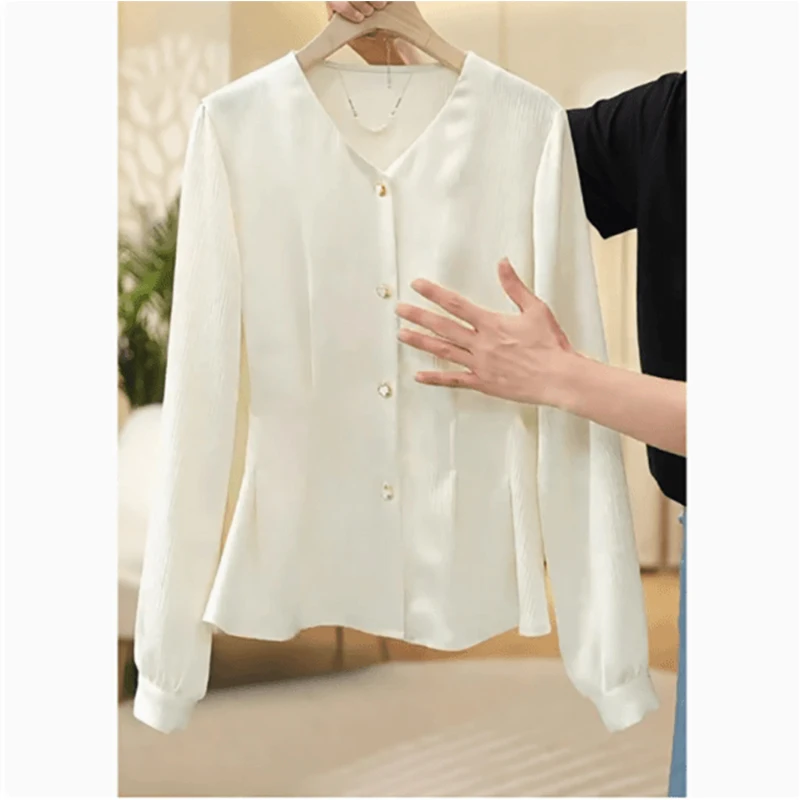 Trendy plus size feminino irt outono 2025 longo Sve V-Ne Design versátil plissado cintura acolchoada top doce sle regular...