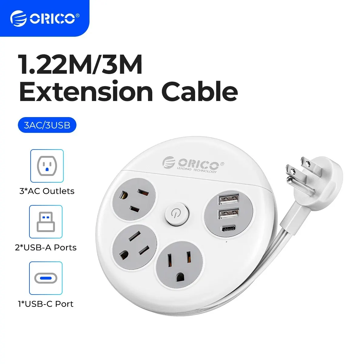 ORICO US Power Strip Travel Adapter Smart Plug Multiple Extension Socket with 2 USB Ports Type C Fast Charge for Travel Office