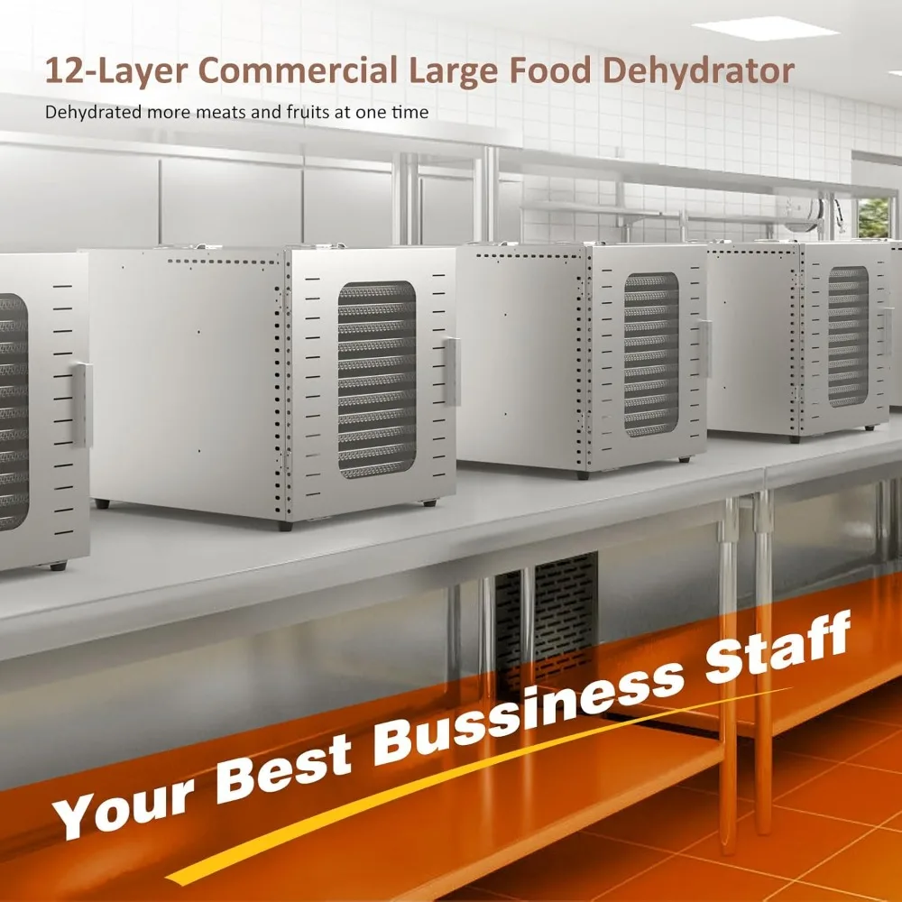 Pengering Makanan Besar 12 Baki, Area Penggunaan hingga 22,67 kaki persegi, Mesin Pengering Baja Tahan Karat Penuh 1200W, hingga 190 ℉   Suhu
