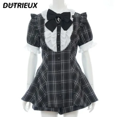 SC Suit Japanese Mine Mass-Produced Detachable Bow Plaid Short-Sleeved Shirt Dress Shorts 2-Piece Set New Summer Outfit Women