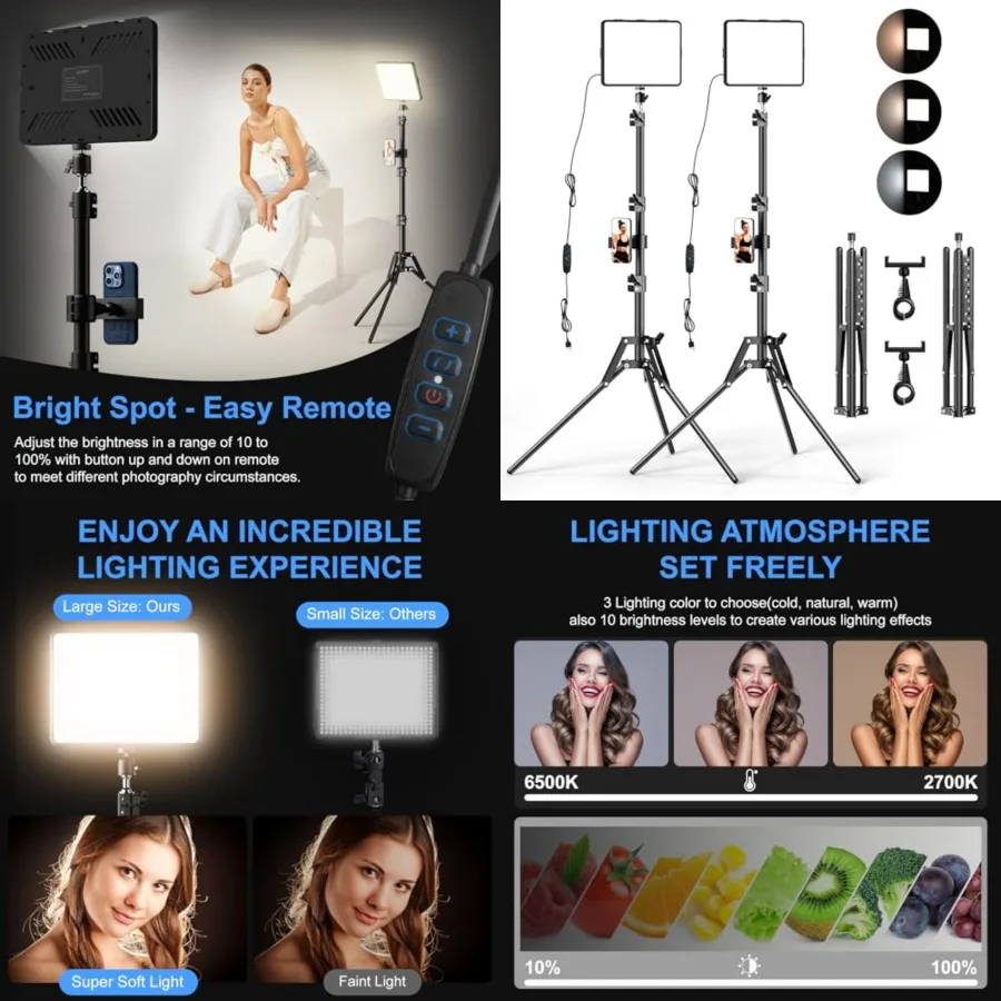 

2 Packs Video Light Kit, LED Studio Light, 2700-6500K Dimmable Photography Lighting Kit with Tripod StandandPhone Holder, 12" R
