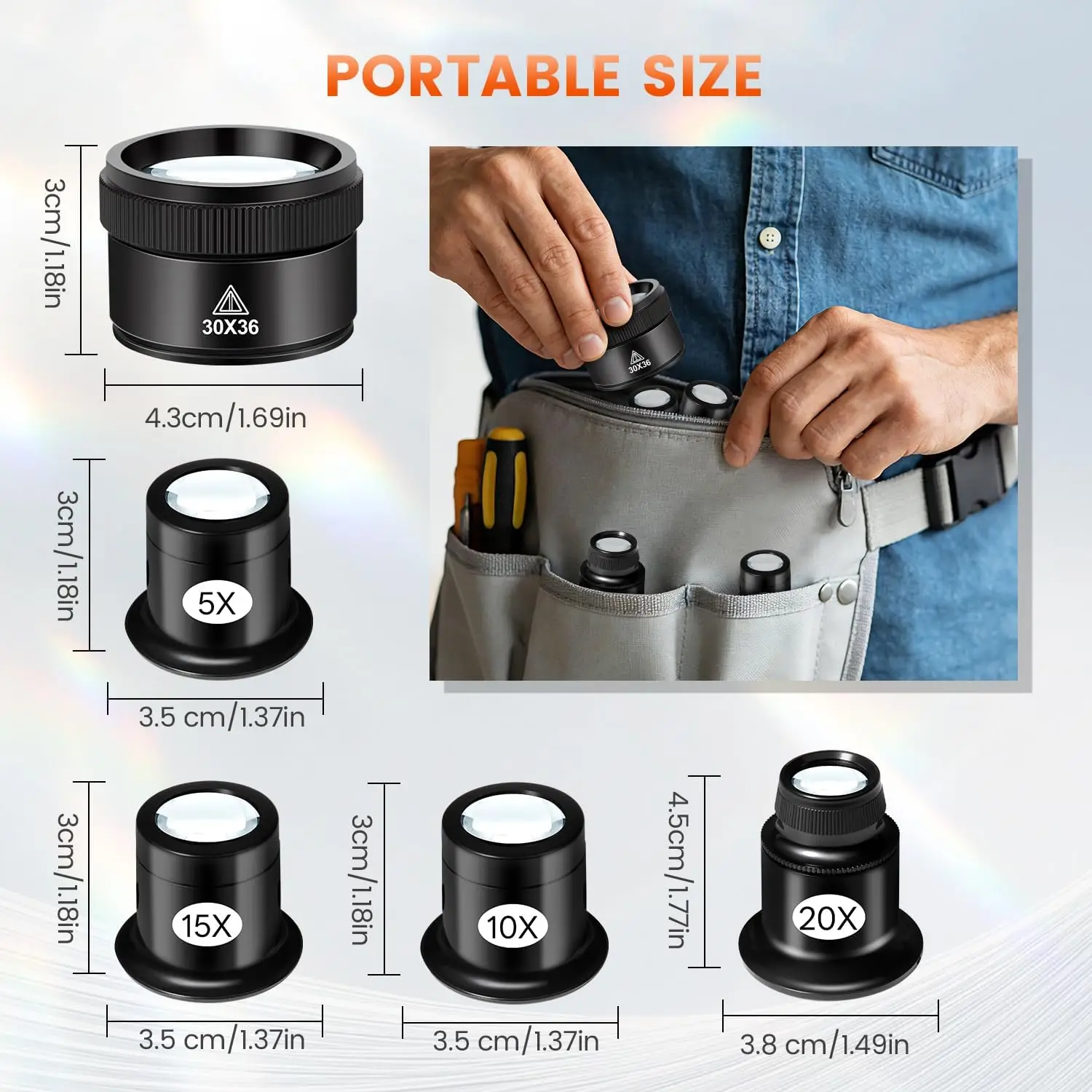 5 Pcs Jewelers Loupe Set, Portable Eye Magnifier with 5X 10X 15X 20X 30X36mm Glass Lens, Mini Monocular Magnifying Glass