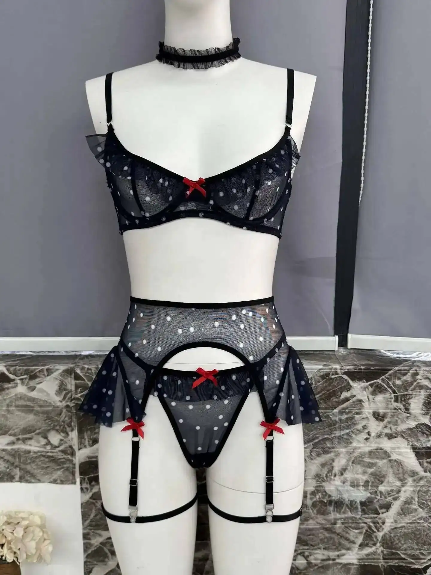 دوت طباعة بيكيني مثير الدانتيل شبكة شفافة عارية الذراعين العميق الخامس الحمالات أكمام بيكيني الساحرة لقضاء عطلة الشاطئ عادية G4SP #6