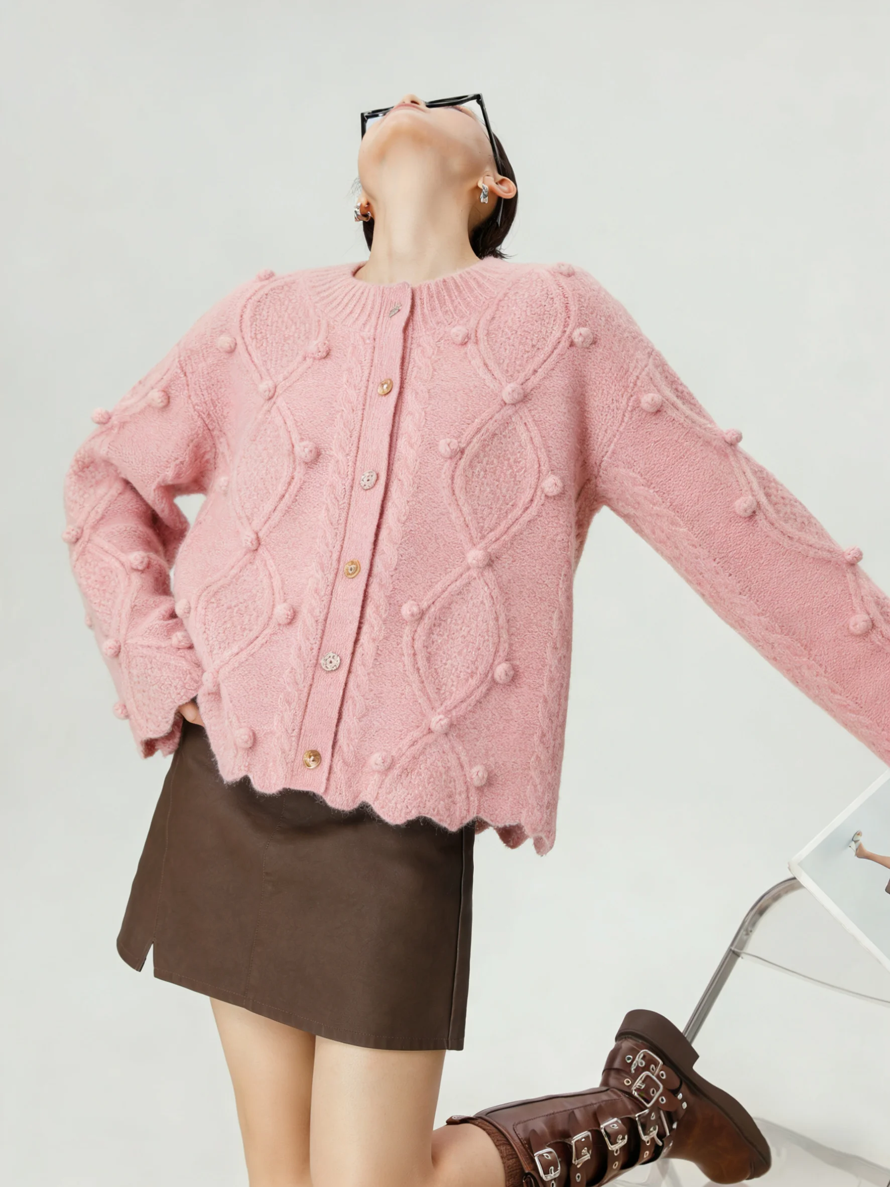 

Pink Knitted Cardigan round Ne Twist Flower Design Spring New Sle Unique Beautiful Top Women's Loose Fit Casual Wear