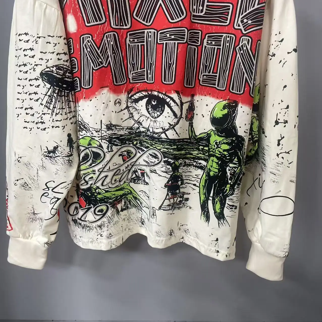 High Quality Designer MIXED-EMOTION Long sleeved T-shirt 100% cotton men's and women's Vintage Printed and hotfix rhinestone High Street Trendy Fashion Hip Hop T-shirt hoodie sweatshirt Pullover view 6