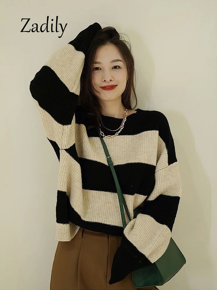 Zadily 2023 Winter Minimalist Long Sleeve Women Striped Sweater Korea Style O Neck Causa Knit Pullover Warm Female Clothing Tops