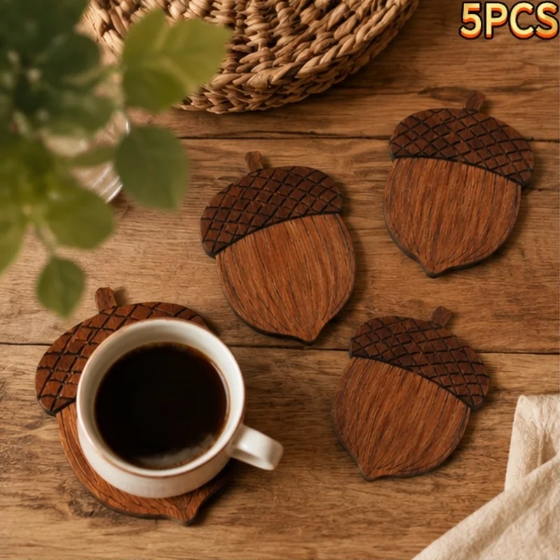 5pcs Set of Acorn-Shaped Coasters,Autumn Holiday Decoration,Thanksgiving Harvest Party Decoration,Christmas Navidad 2D Flat