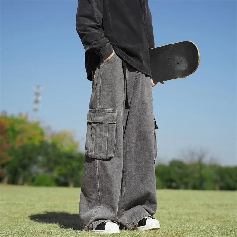 Solidne dżinsy w stylu Harajuku Hip-hopowe w stylu Vintage pantalon duże kieszenie homme szerokie nogawki workowate dżinsy mężczyzn Streetwear