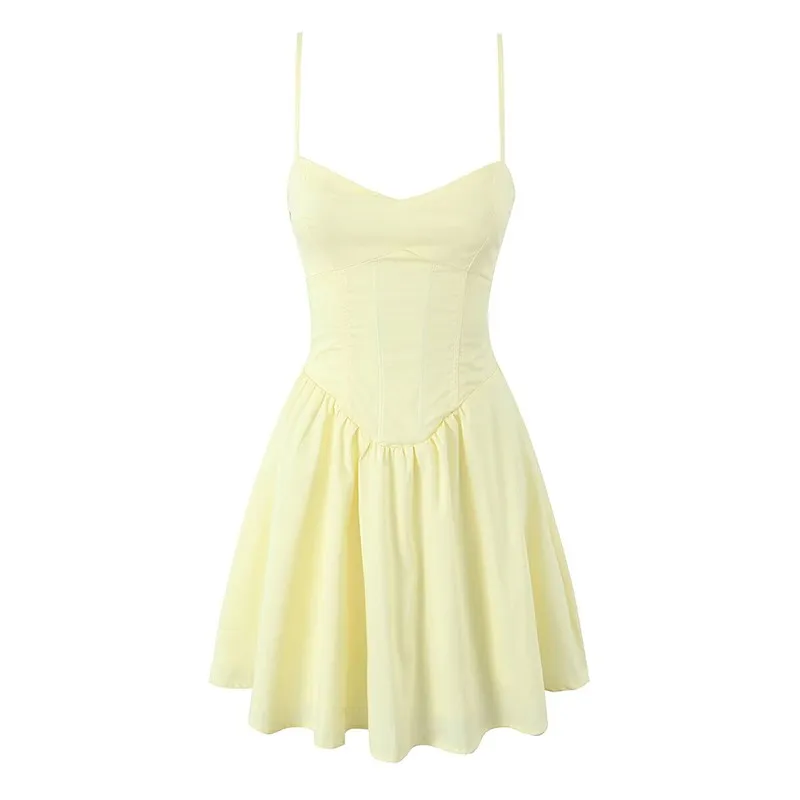 

Yellow Spaghetti Strap Dresses Women Sexy Backless Back Lace Up Sling Mini Dress 2025 New Summer Elegant Party Evening Dresses