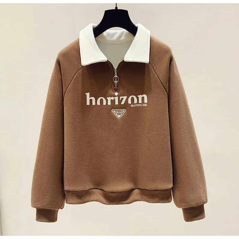 Women's Autumn and Winter Fashion Simplicity Printing Polo Collar Long Sleeve Sweatshirts Women Clothes Casual Loose Tops