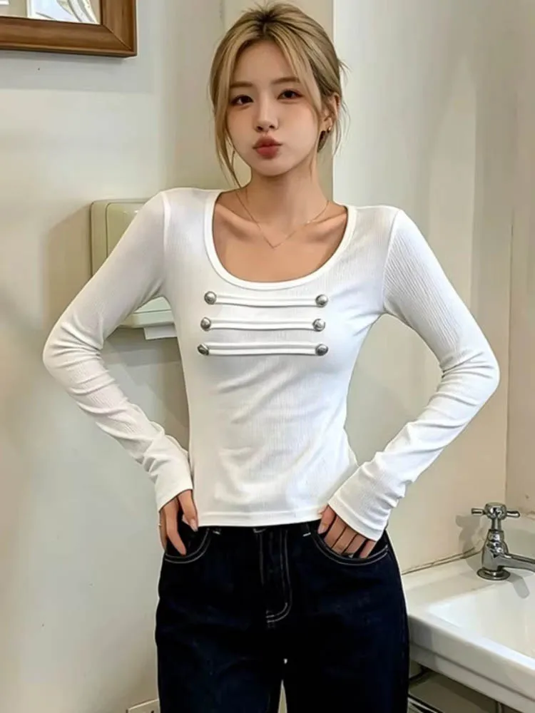 2026 Autumn Y2k Aesthetics Solid Casual Tshirts Harajuku Double-breasted Slim Fit Grunge T-shirt Streetwear Vintage Cropped Tops