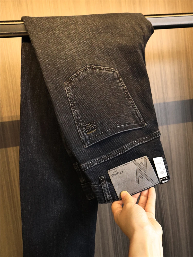 

Мужские прямые джинсы, однотонные повседневные брюки с тяжелой талией, осенняя одежда, удобные хлопковые эластичные джинсовые длинные брюки со средней талией