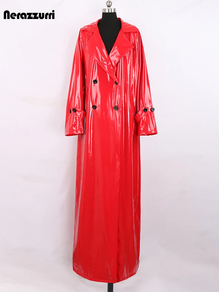 Nerazzurri Autumn Extra Long Soft Red Reflective Shiny Patent Leather Trench Coat for Women Double Breasted Maxi Korean Fashion