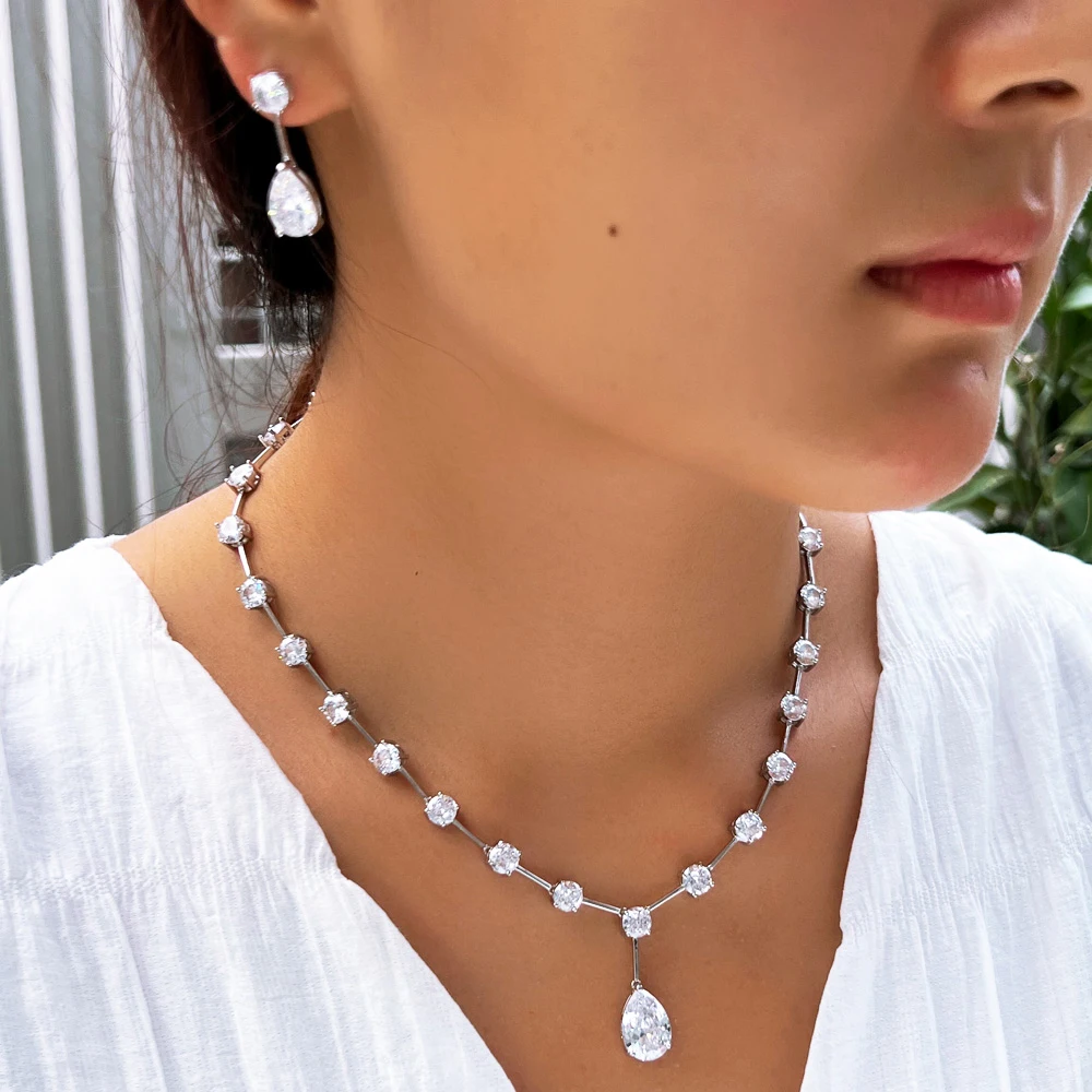 ThreeGraces Simple Glittering Water Drop Cubic Zirconia Wedding Bridal Necklace Earrings Costume Jewelry Set for Women T1027