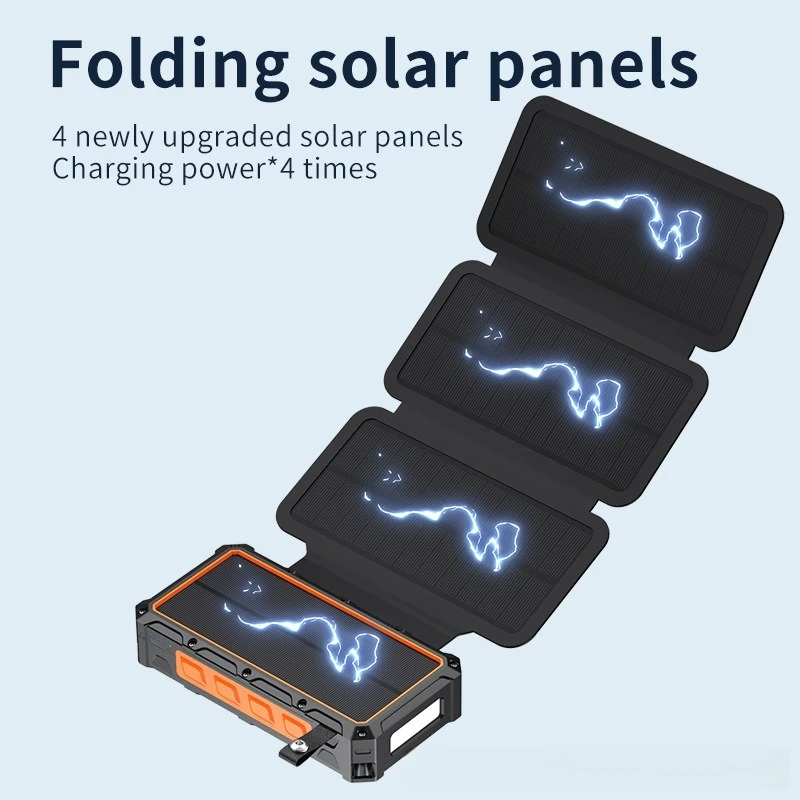 20000mAh Emergency Power Bank Foldable Solar Hand Crank Power Bank Built-in Cable Wireless Charging Outdoor