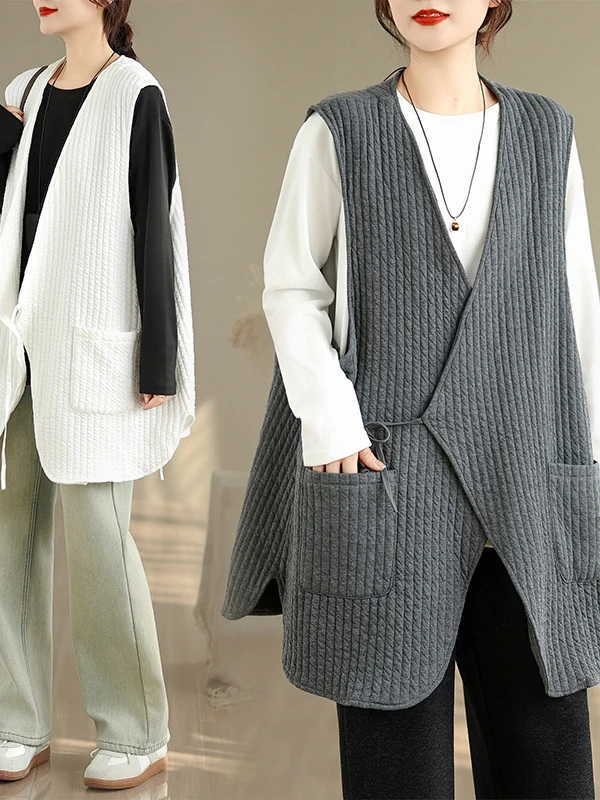 Retro Lightweight Cotton Vest Chinese Style Women's Fashion V-Neck Belted Quilted Jacket Asymmetrical Open Cardigan Top