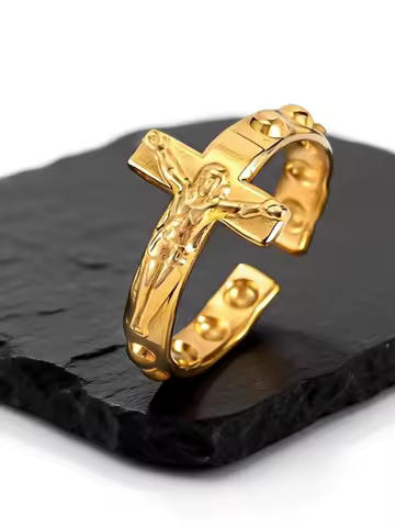 Open Cross Ring for Men,Stainless Steel Black/Gold/Silver Color Jesus Crucifix Adjustable Band,Punk Faith Jewelry Gift
