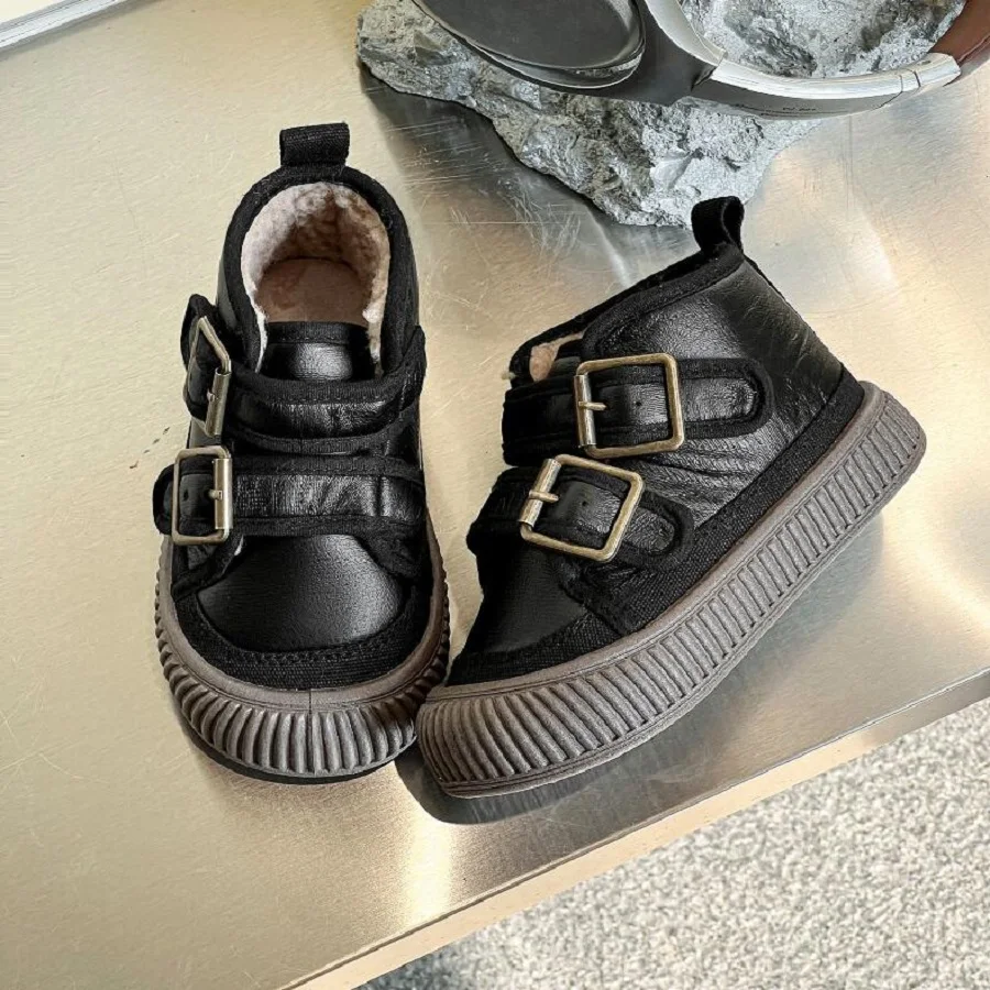 2024 Winter New Edition Baby Soft Glutinous Warm Cotton Shoes Children\'s Leather Double Button Casual Board Shoes Black Brown