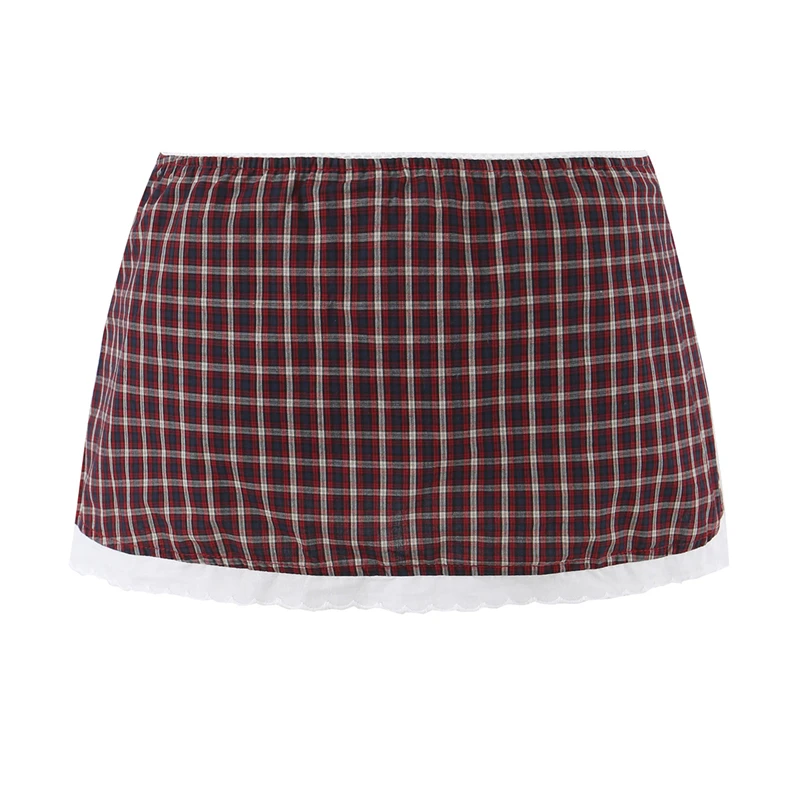 KEYANKETIAN 2026 Plaid Mini Skirt Elastic Waist Front Bow Decor White Scalloped Lace Hem Cute Casual Low Rise Micro Short Skirt