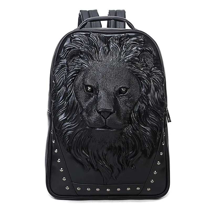 2024 New Street Trend Men Backpack Male 3D Stereo Lion Head Shoulder Bag Leather Portable Computer Bags Travel Backpacks Black