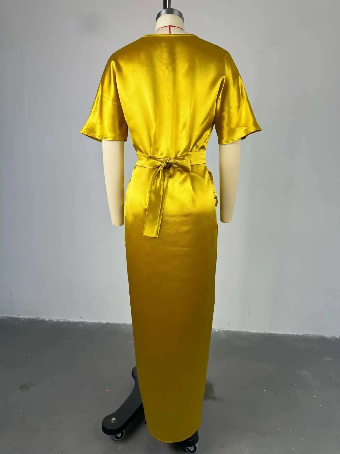 Moda mujer elegante satén cuello pico manga corta largo Maxi vestido 2025 primavera playa cumpleaños noche Sexy Vestidos de fiesta