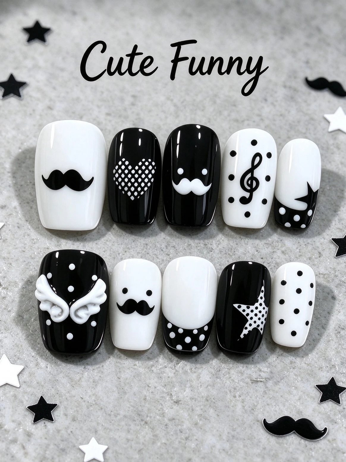 Minimalist Cool Style Nail Stickers, Black and White Contrasting Polka Dots, 3D Heart, Mustache, and Wing Designs, Suitable for Commuting and Outings, Handmade Wearable Nails