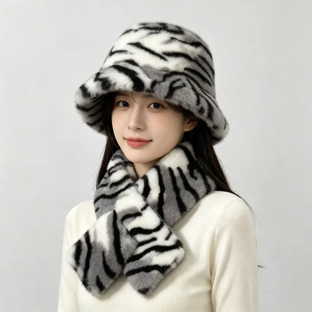 Thick Warm Faux Fur Hat Soft Fluffy Faux Mink Fur Cross-tie Scarf Comfortable Fit Washable Mink Fur Bucket Cap Outdoor Travel
