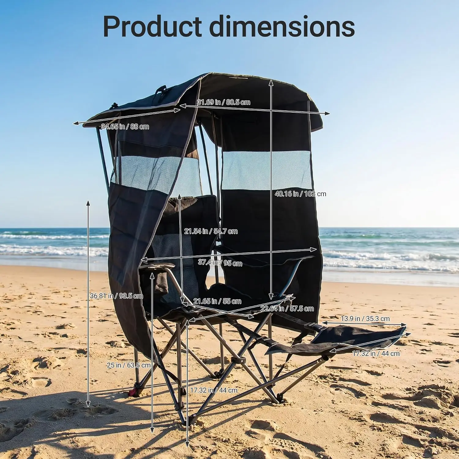 Folding Chair, with Adjustable Shade, Backrest, Footrest, Cooler Bag, Cup Holder, for Outdoor, Beach, Sports