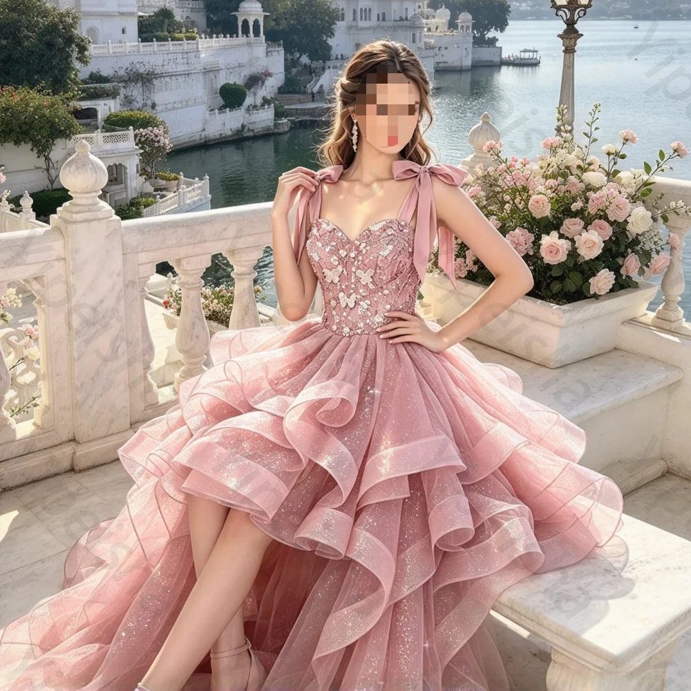 Customized Strapless Pleated Bow Sequin Evening Gown 2026 Luxurious Pink Front Short Back Long Dresses Suitable for Parties