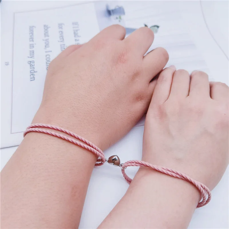 2Pcs/Set Magnet Couple Bracelets Lovers Heart Magnetic Bracelet with Key Lock Charms Women Men Braided Rope Wrist Chain Jewelry