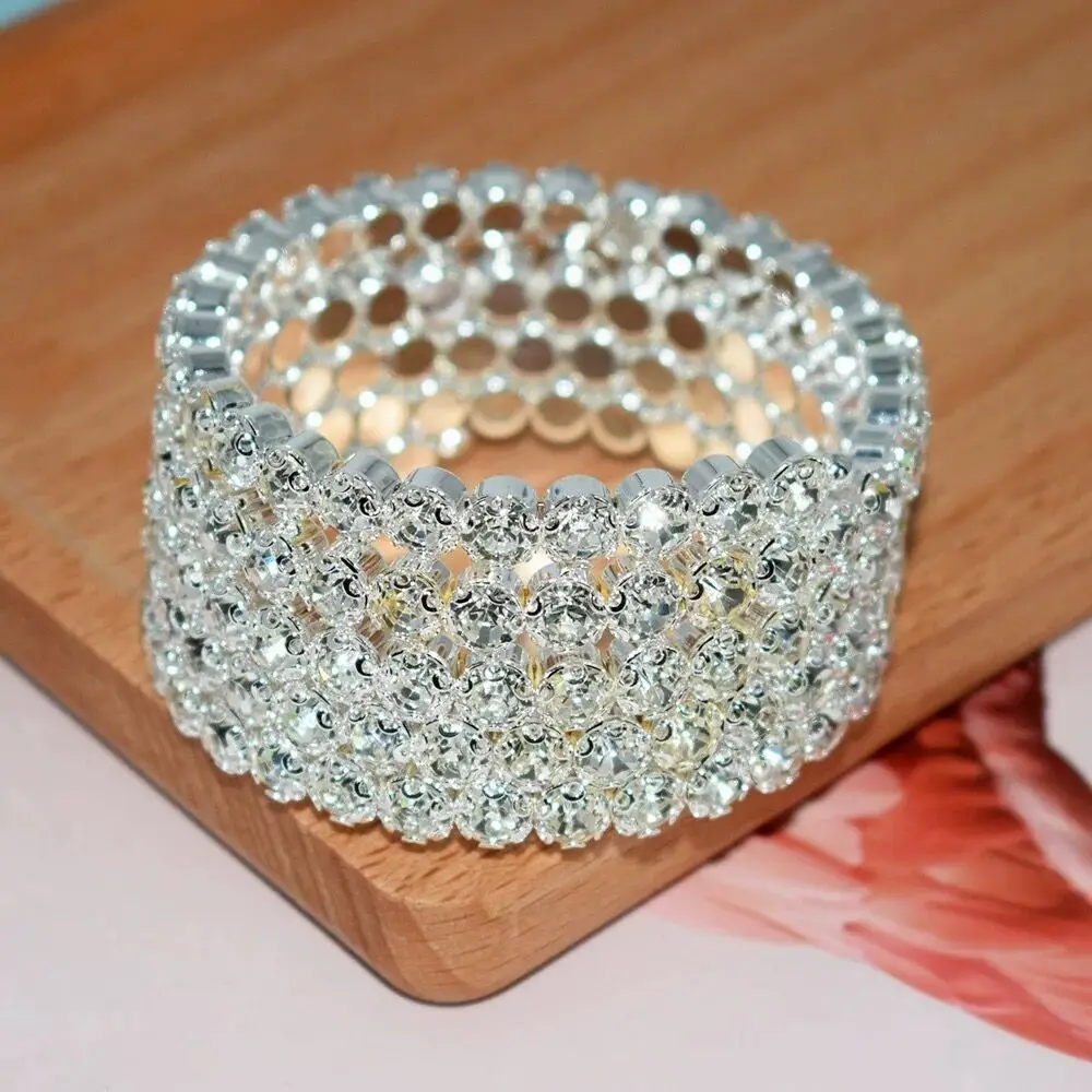 Fashion Bridal Jewelry Three & Five Rows Crystal Rhinestones Color Bracelets for Women Wedding Full Rhinestone Hand Wrist Bracel