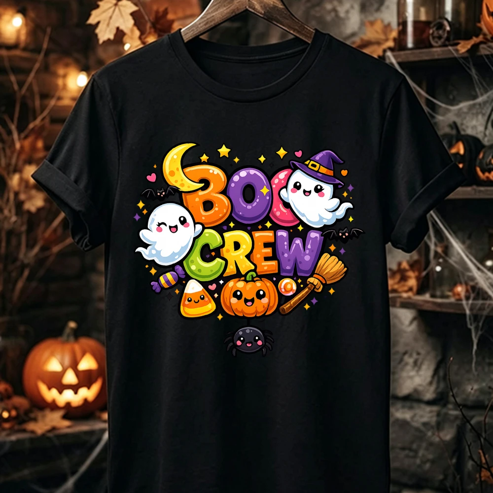 Boo Crew Cute Halloween Women Cotton Short Sleeve T-Shirt Ghost Pumpkin Witch Spider Spooky Cartoon Graphic Party Stylish Shirt