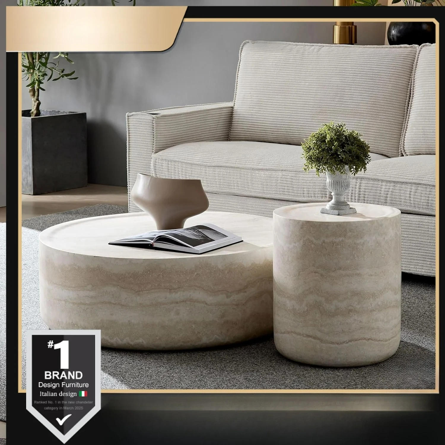 Round Faux Marble Coffee Table ,Travertine Textured Tables Fiberglass Center Side Tables for Living Room Office, Coffee Table