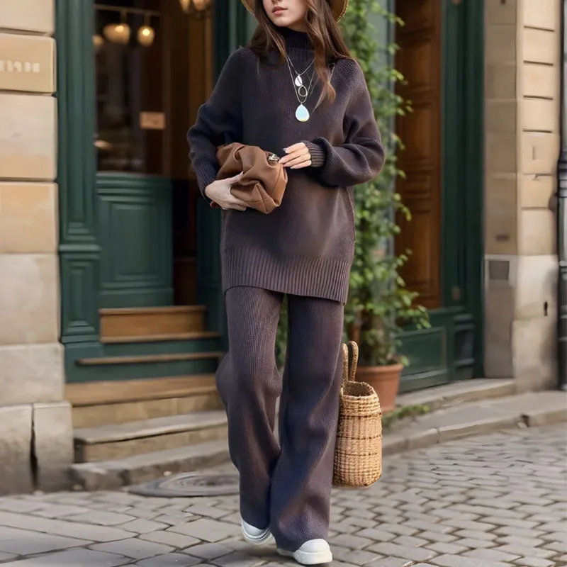 Suninheart Maglione dolcevita invernale Pullover e pantaloni Set Pantaloni a gamba larga da donna Abito lavorato a maglia moda in due pezzi da donna