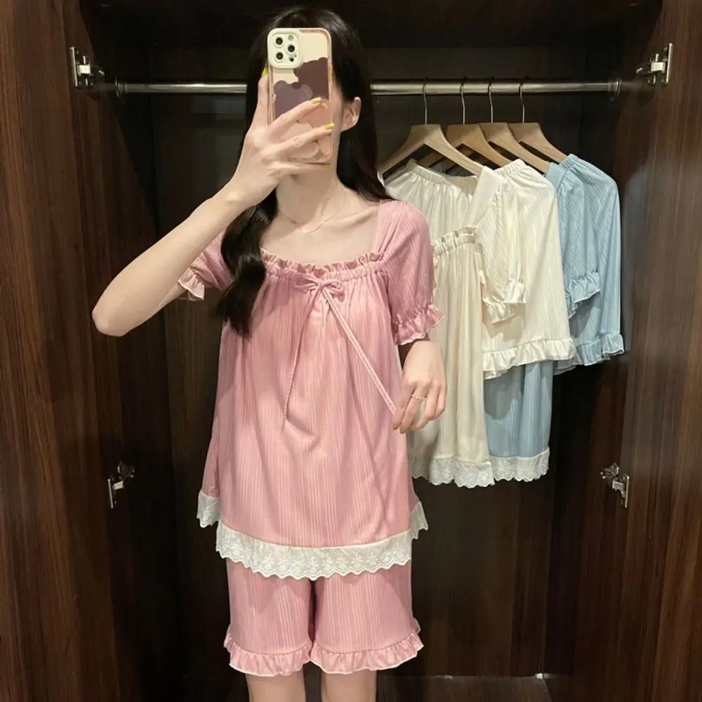 

Soft Flower Lace Shorts Pajamas Square Neck Bowknot Two Piece Nightwears Home Clothes Loose Short Sleeve Sleepwear Set Summer