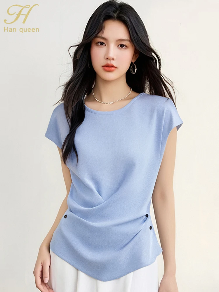 

H Han Queen 2025 Women's Clothing Fashion Loose Irregular Vintage Sweater Vintage Casual Top Basic Knitted Short Sleeve Pullover