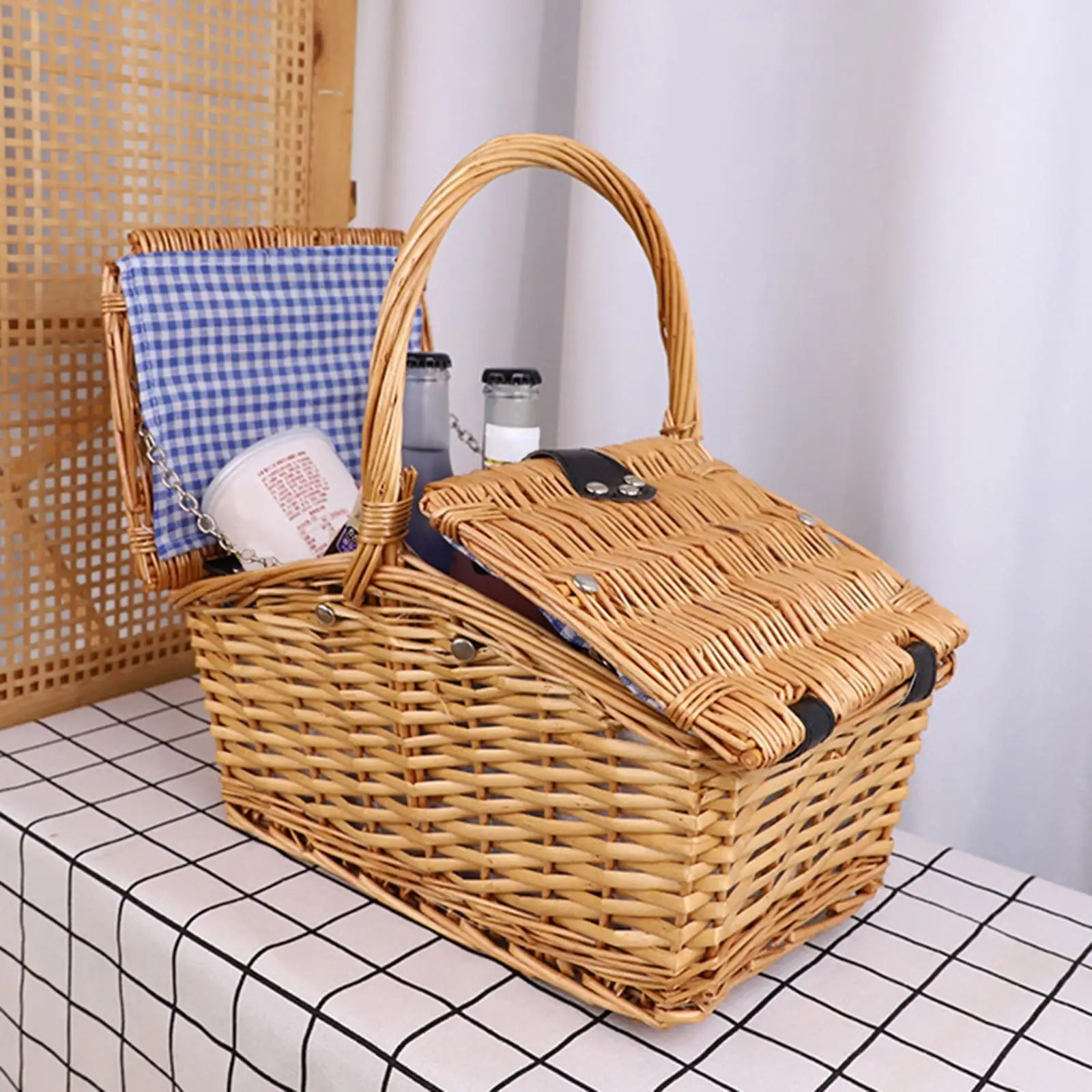 

Picnic Basket Storage Basket Portable Serving Basket Shopping Basket Woven Basket with Lid and Handle for Banquet Living Room