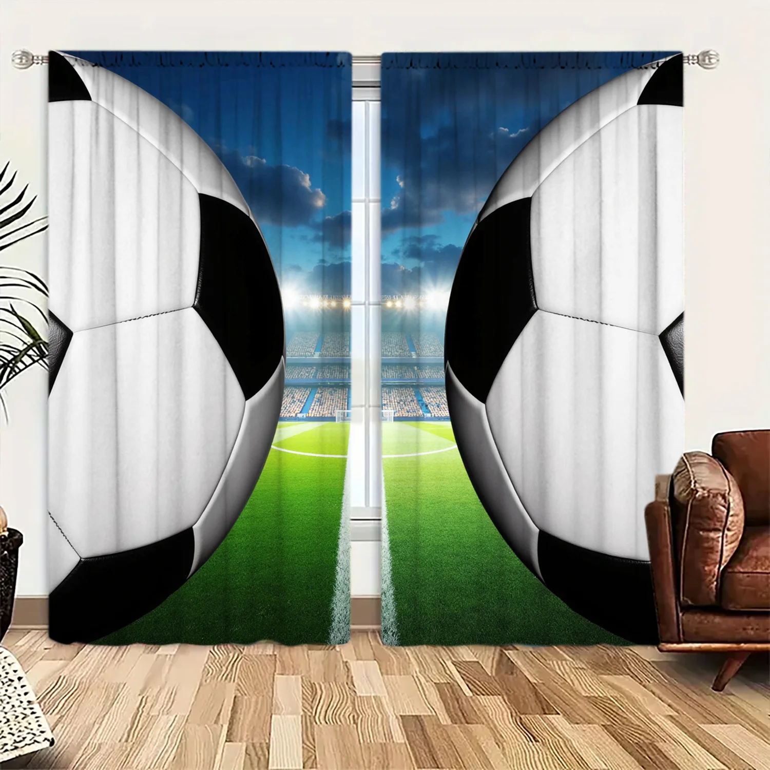 3D Soccer Ball Print Curtains, Football Stadium View Blackout Drapes for Boys Room, Sports Theme Home Decor Window Treatment