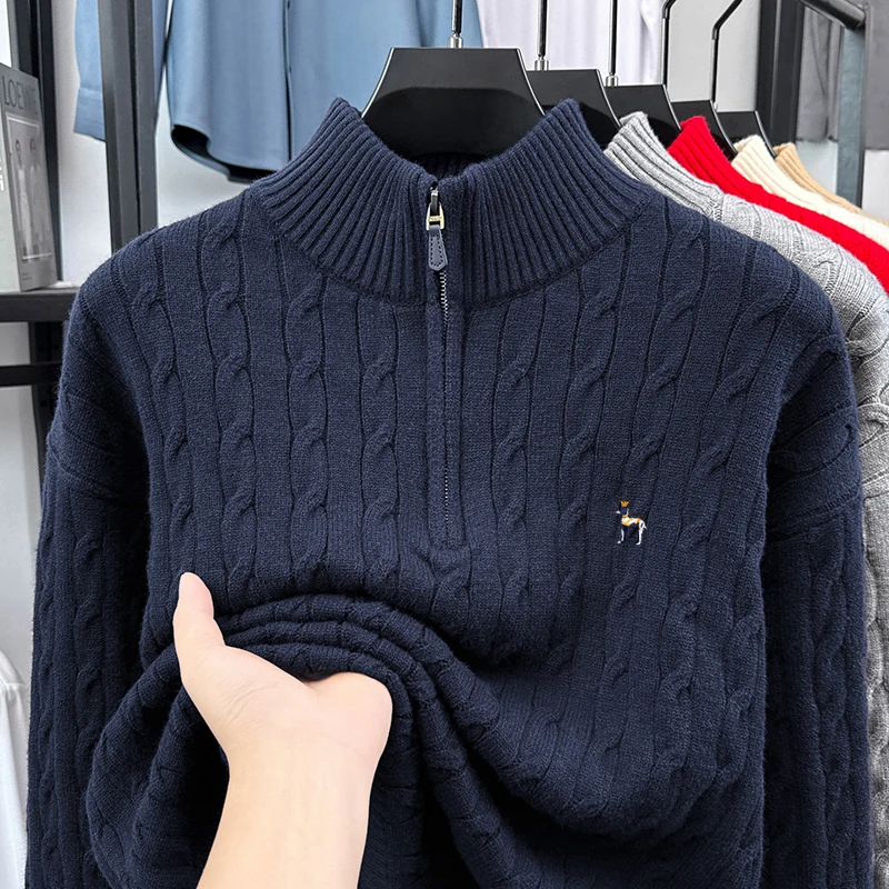 

2025 New Embroidery Stand Collar Zipper Thickened Half Zipper Sweater Fried Dough Twists Embossed 3D Autumn Winter Knitwear