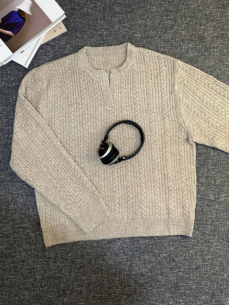 

Мужской вязаный свитер с V-образным вырезом, осенний, в стиле кэжуал, премиум-класса, с воротником хенли, с узором косы, базовая модель