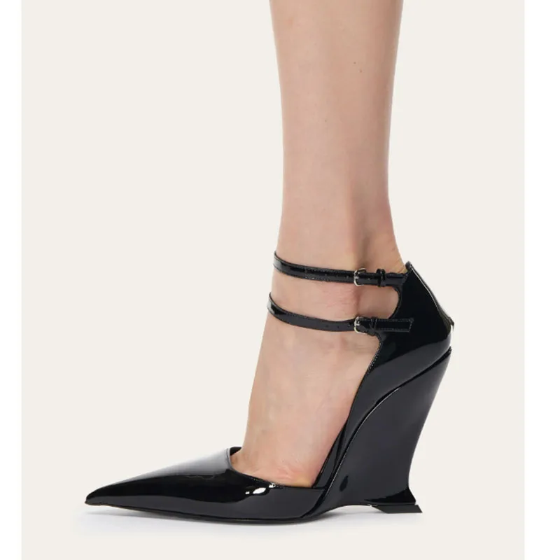 

Pointed Wedge Heel Closed Toe Shallow High Heels Patent Leather Hollow Thin Strap Single Women Shoes Large Size Sandals Sandalia