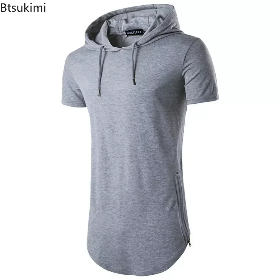 Męska koszulka z kapturem na lato 2026, z krótkim rękawem, jednolita, długa, w stylu hip-hop, modna, z bocznym zamkiem, streetwear, casualowe sportowe t-shirty dla mężczyzn.