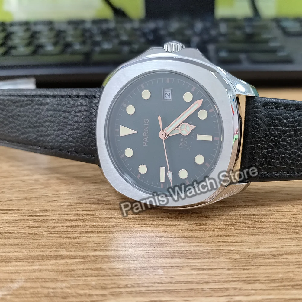 Parnis 39mm Orologio da polso da uomo in acciaio inossidabile Miyota8215 Orologio meccanico automatico Segni luminosi Quadrante verde con cinturino in pelle