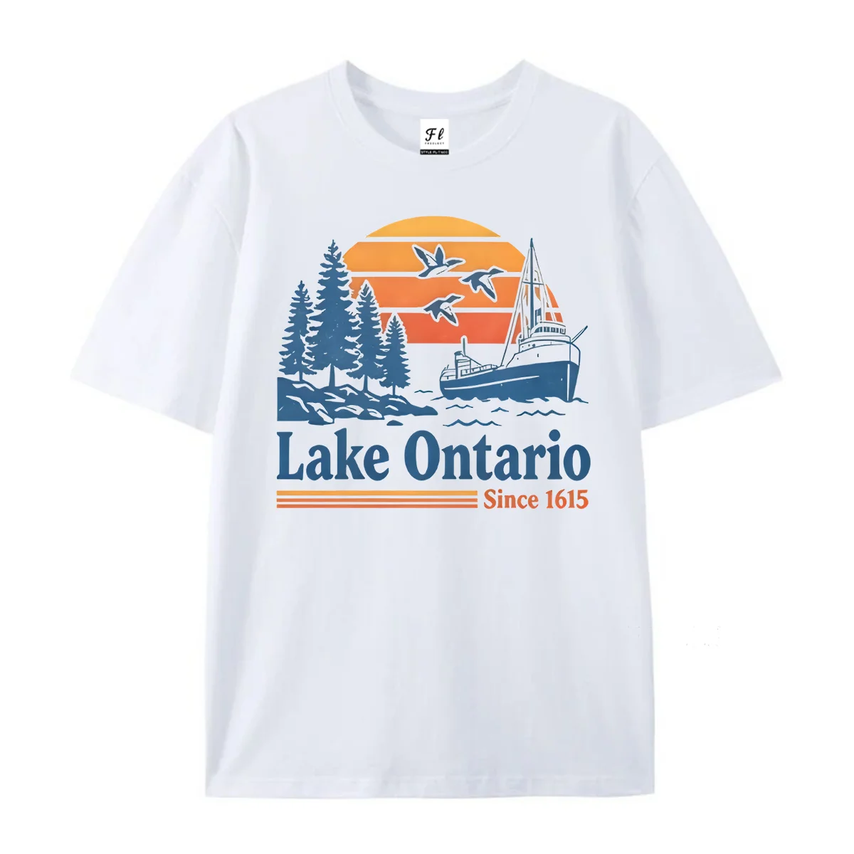 Women Oversized Round Neck T Shirt Vintage Lake Sunset Ship Pine Bird Graphic Short Sleeve Casual Summer Outdoor Print Loose Tee